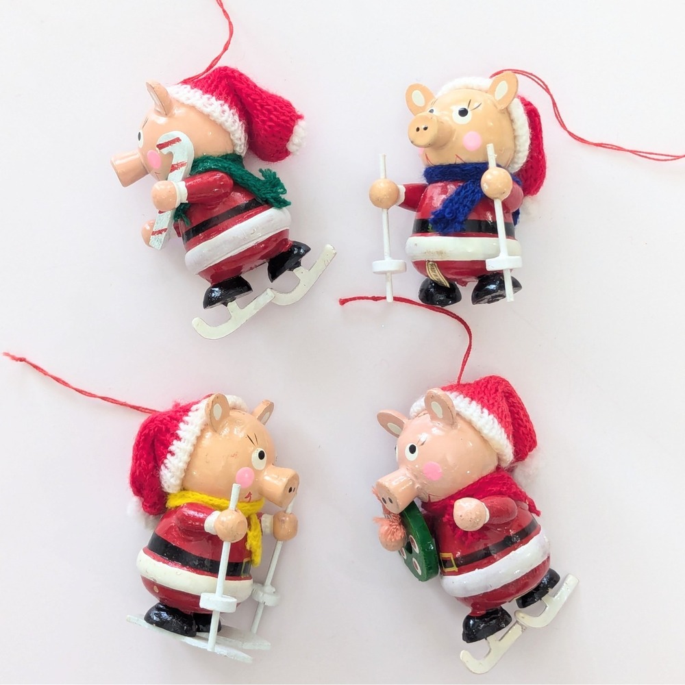 Vintage Painted Wooden Pig Christmas Ornaments 3" Knit Hats Ski Skate Lot Of 4